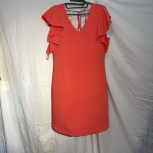 Trina Turk Coral Pink Cold Shoulder Ruffle Sleeve Tie Neck Shift Dress Sz XS